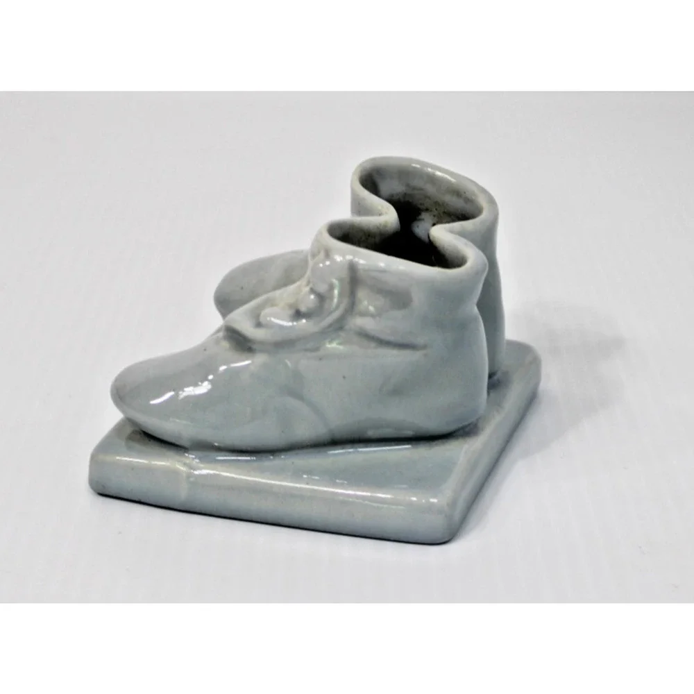 Vintage 1940s Haeger Blue Ceramic Baby Shoes Planter Nursery Decor Kitschy
